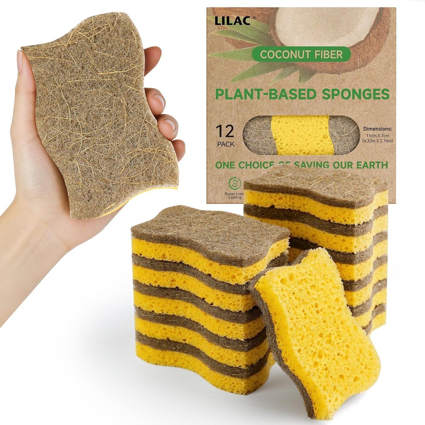 LILAC 12 Pack Natural Cellulose Sponges for Dishes - Non-Scratch Kitchen Scrub Sponges - 100% Biodegradable & Eco-Friendly Cleaning Sponges for Non-Stick Cookware, Bathroom & Household