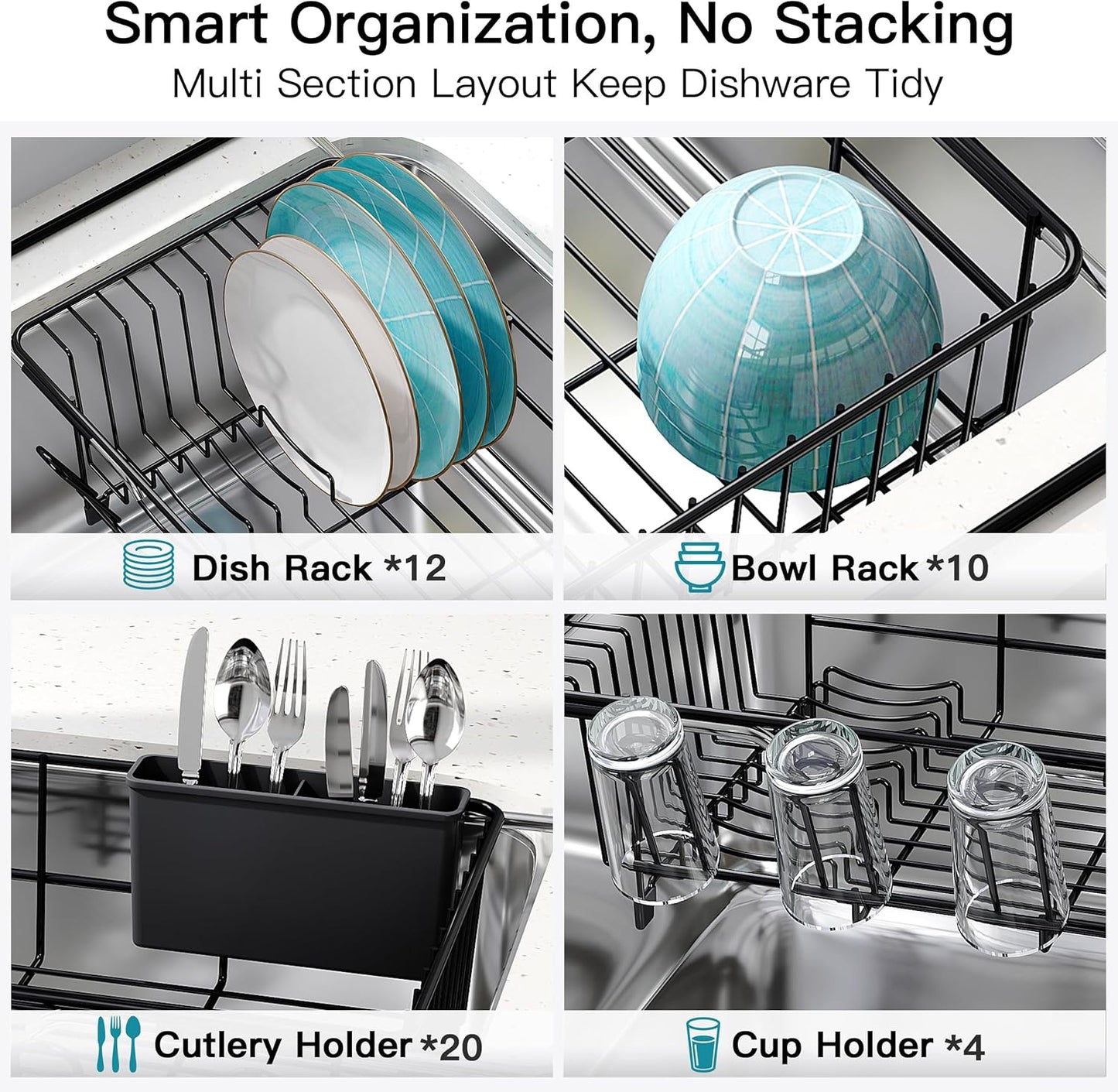 JASIWAY Dish Drying Rack in Sink, Expandable Stainless Steel Dish Drainers for Kitchen Counter, Dish Dryer Rack for Inside Sink, Over The Sink Dish Racks with Utensil Holder, Silver