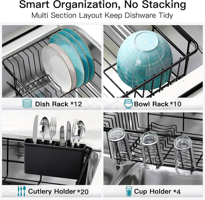 JASIWAY Dish Drying Rack in Sink, Expandable Stainless Steel Dish Drainers for Kitchen Counter, Dish Dryer Rack for Inside Sink, Over The Sink Dish Racks with Utensil Holder, Silver