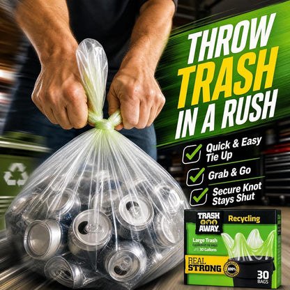 Heavy Duty Clear Recycling Bags | Tall & Strong Bags for Home & Kitchen - (30 Ct, 30 Gallons) Large Trash Bags Paper, Plastic & Aluminum | Thick Recycle Bin Bags (Clear)