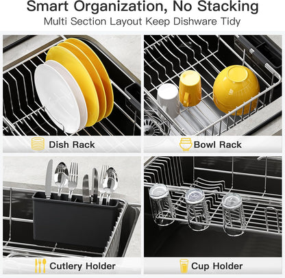 JASIWAY Dish Drying Rack in Sink, Expandable Stainless Steel Dish Drainers for Kitchen Counter, Dish Dryer Rack for Inside Sink, Over The Sink Dish Racks with Utensil Holder, Silver