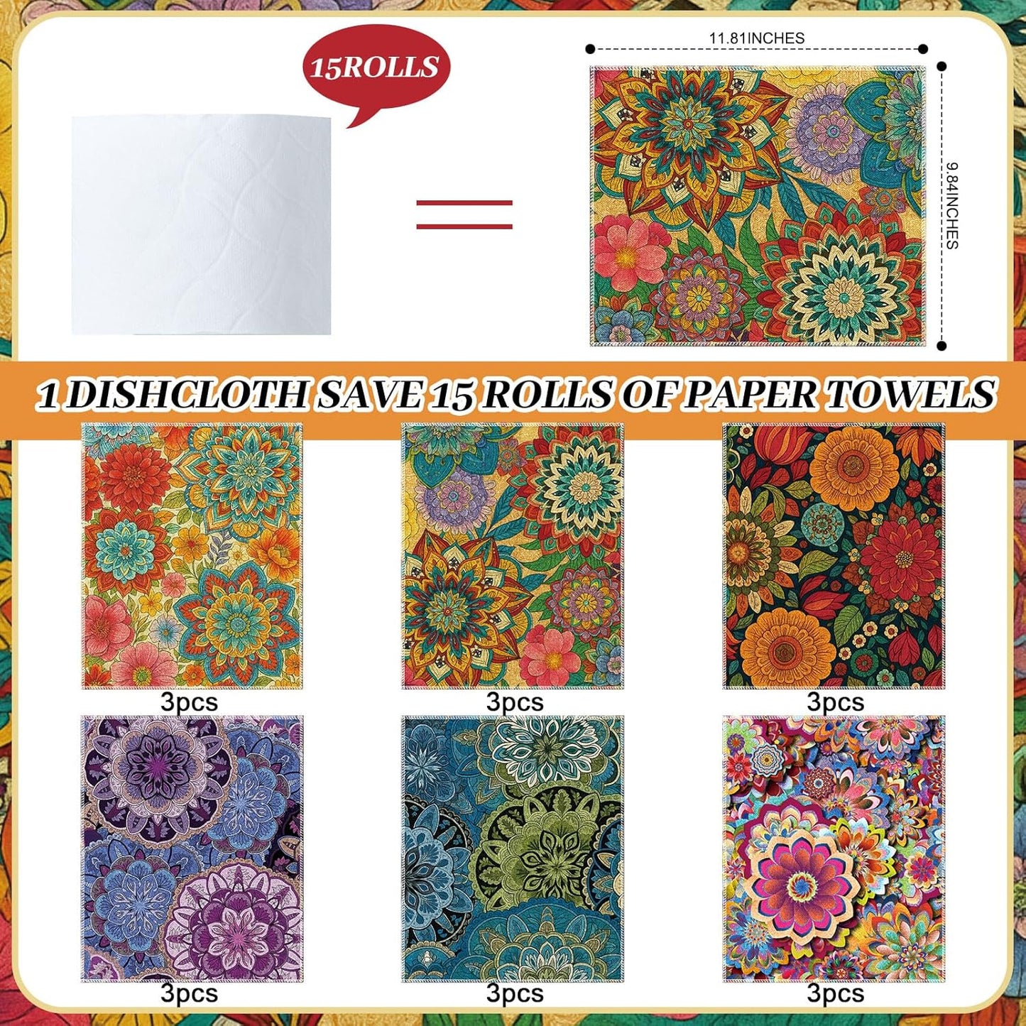 Redbaker 30 Pcs Reusable Paper Towels Rolls Kitchen Towels Bulk Washable Paperless Cloth Cotton Hand Napkins with Cardboard Reusable Napkins for Kitchen Bathroom(Floral,10 x 12 in)