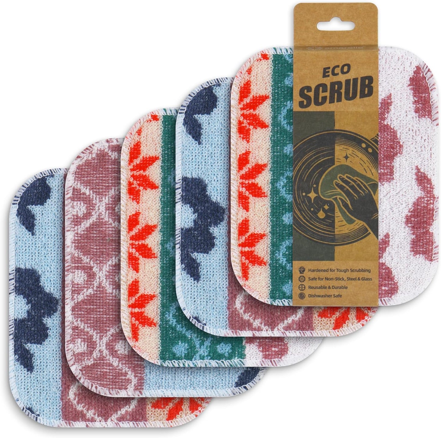 Amarelle GEN II Dish Washing Scrubbers (3-Pack), Made in Green Kitchen Scrubbers for Dishes, Non Scratch Pot & Pan Scrubber, Dual-Sided Heavy-Duty Scouring Pads, Reusable (Nordic Folk)