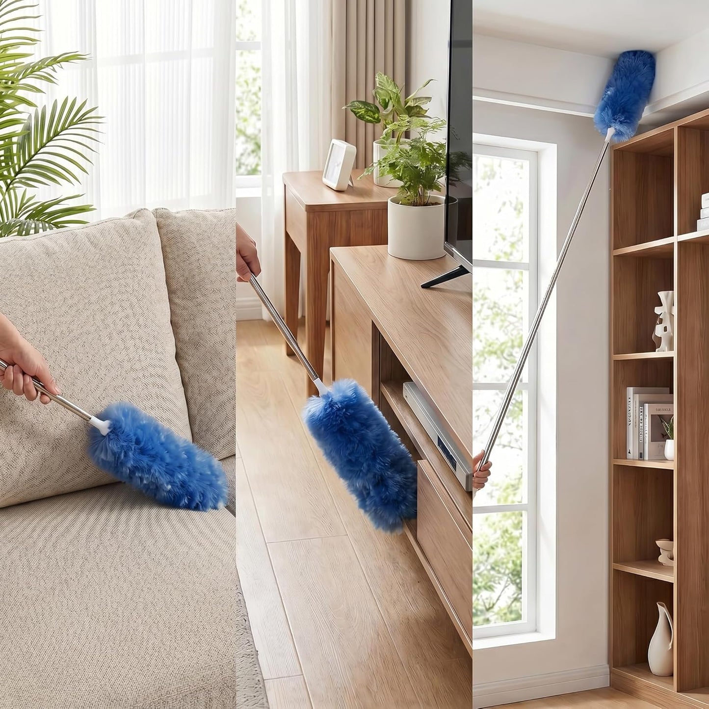 Heavy Duty Duster Refills, Disposable Dusters Kit for Cleaning Dusting Furniture Blind Ceiling Fan, Multi Surface 360 Feather Duster(10)+3FT Extended Handle（1） (Navy Blue)