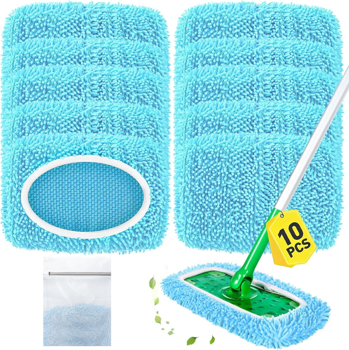 Reusable Mop Pads Compatible with Swiffer Sweeper Mop, Washable Wet Pads Refill & Chenille Dry Sweeping Cloths, Microfiber Mop Pads for Use on All Sealed Floors - Wood, Laminate, Stone & Tile (6 Blue)