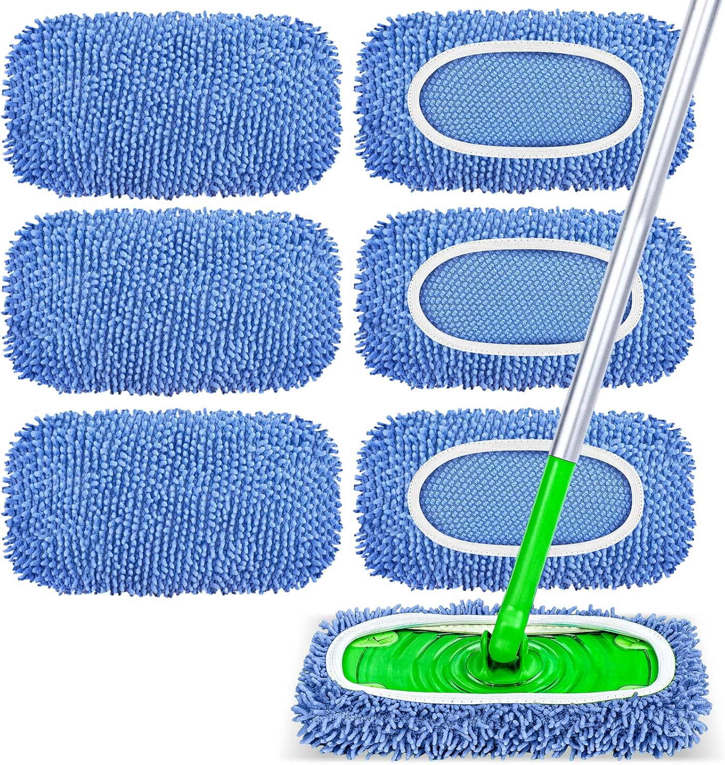 6 Pack Reusable Mop Pads Compatible with Swiffer Sweeper, Chenille Mop Refill Pads, Dry & Wet Mopping Cloths for Floor Cleaning -Pink