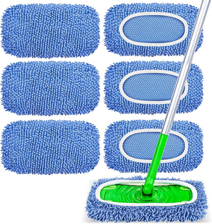 6 Pack Reusable Mop Pads Compatible with Swiffer Sweeper, Chenille Mop Refill Pads, Dry & Wet Mopping Cloths for Floor Cleaning -Pink