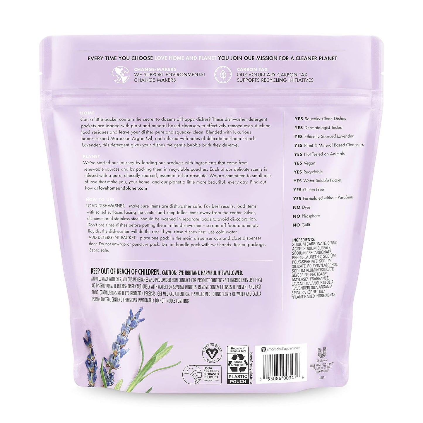 Love Home and Planet Dishwasher Detergent, Gel Lavender & Argan Oil, 56 oz