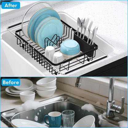 JASIWAY Dish Drying Rack in Sink, Expandable Stainless Steel Dish Drainers for Kitchen Counter, Dish Dryer Rack for Inside Sink, Over The Sink Dish Racks with Utensil Holder, Silver