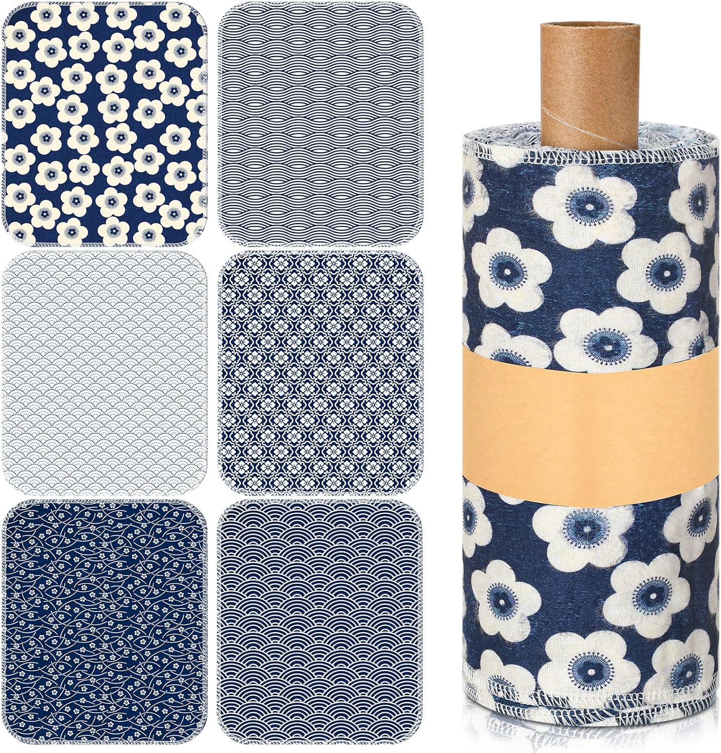 Redbaker 30 Pcs Reusable Paper Towels Rolls Kitchen Towels Bulk Washable Paperless Cloth Cotton Hand Napkins with Cardboard Reusable Napkins for Kitchen Bathroom(Floral,10 x 12 in)