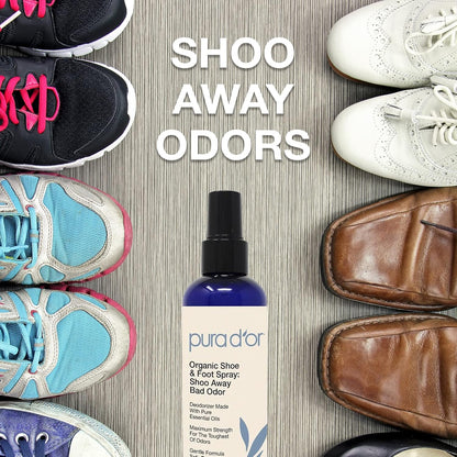 PURA D'OR Organic Shoe & Foot Odor Eliminator Spray (8oz) Deodorizes & Removes Bad Smells with Eucalyptus, Peppermint, Tea Tree, Lemongrass Essential Oil, Maximum Strength (Packaging may vary)