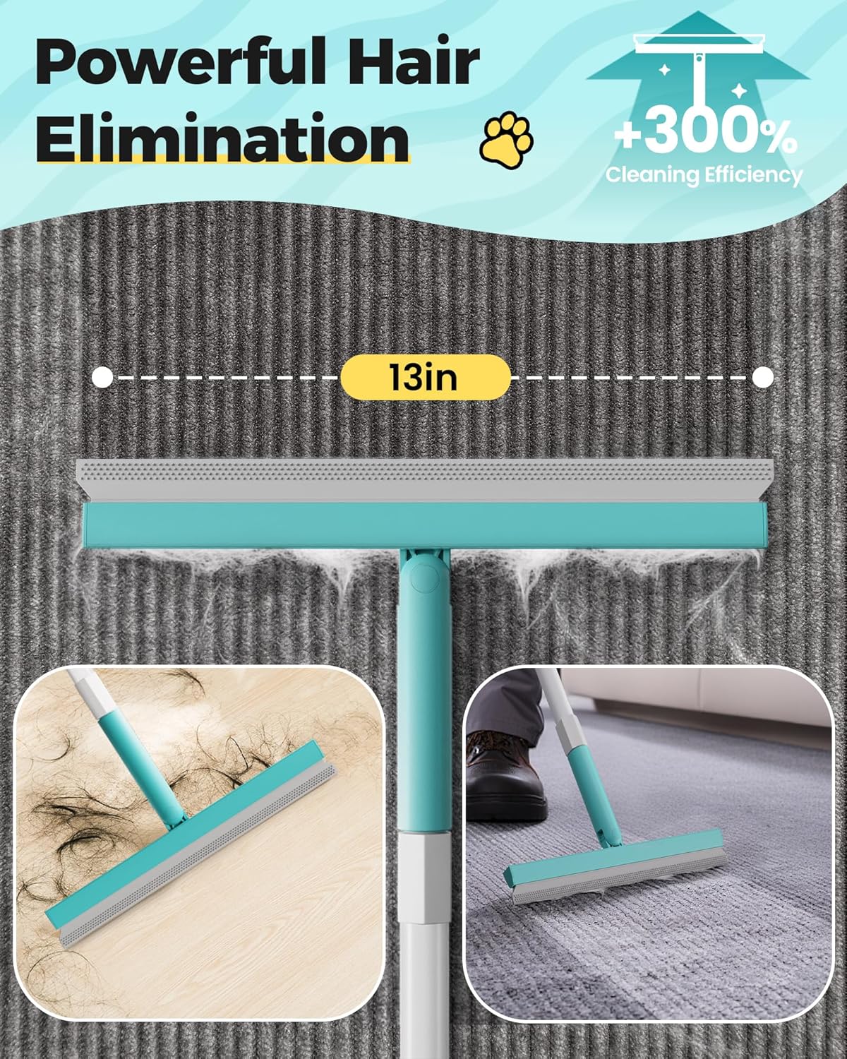 Carpet Rake for Pet Hair Removal Tool - 4 in 1 Pet Hair Remover Kit for Dog Cat Fur Remover, Contain 60" Adjustable Rubber Broom, Glove, Magic Brush and Scraper for Furniture,Short Pile Carpets, Mats