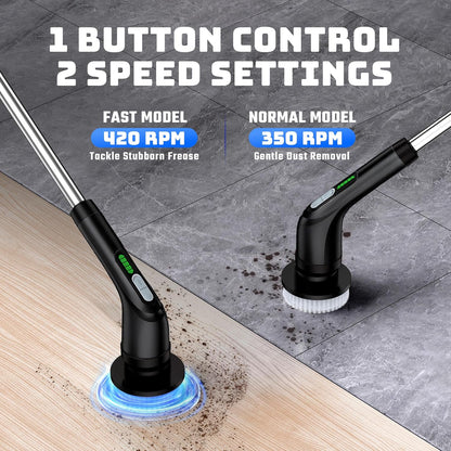 Electric Spin Scrubber for Bathroom: Shower Scrubber with Long Handle, Dual Speed Cordless Power Cleaning Scrub, 7 Brush Heads, IPX7 Waterproof Heavy Duty Cleaner Tools for Tub Tile Grout Wall