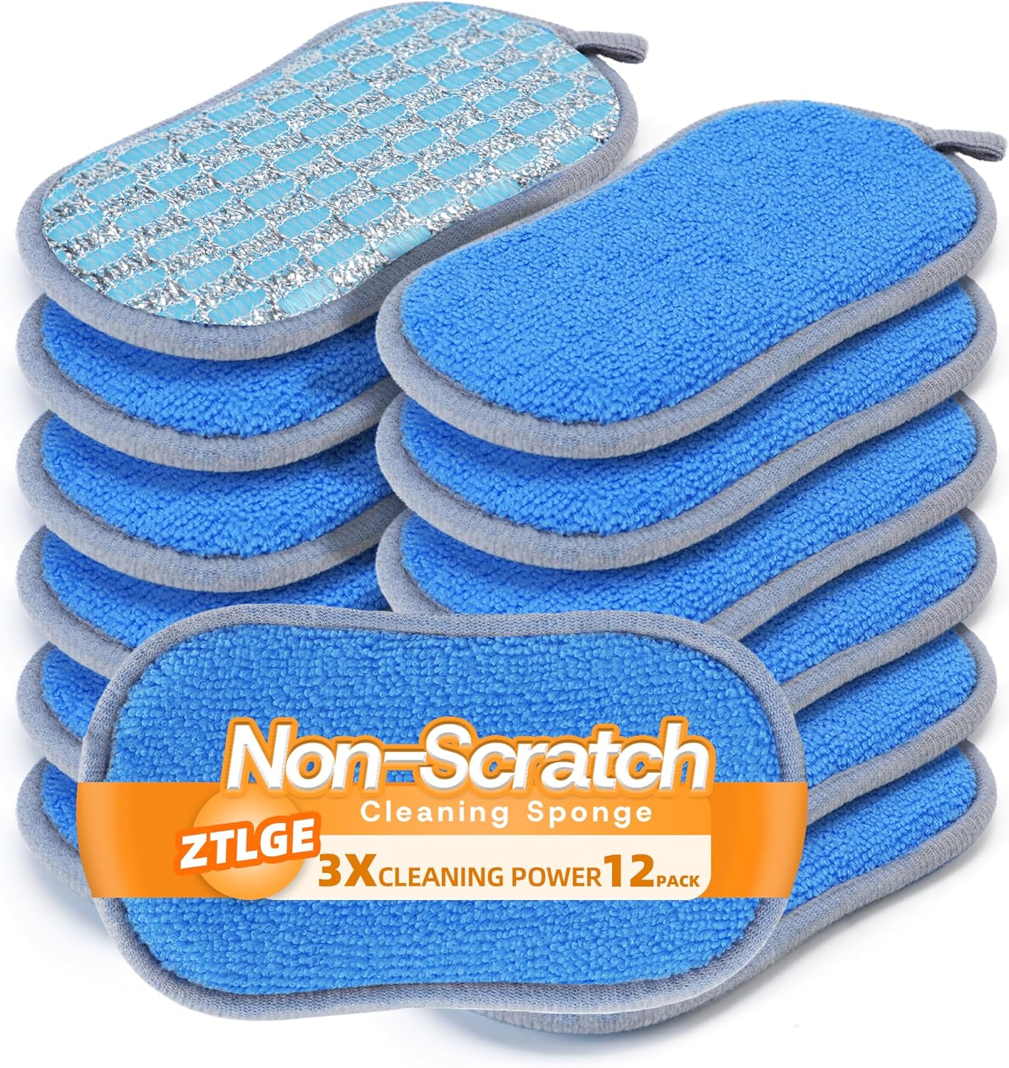 Multi-Purpose Scrub Kitchen Sponges – 12 Pack Dish Sponge, Dual-Sided Non-Scratch Microfiber & Metal Scrubber, Reusable Sponges for Dishes, Pots, Glass, Sink, Stovetop & Bathroom (Gray)
