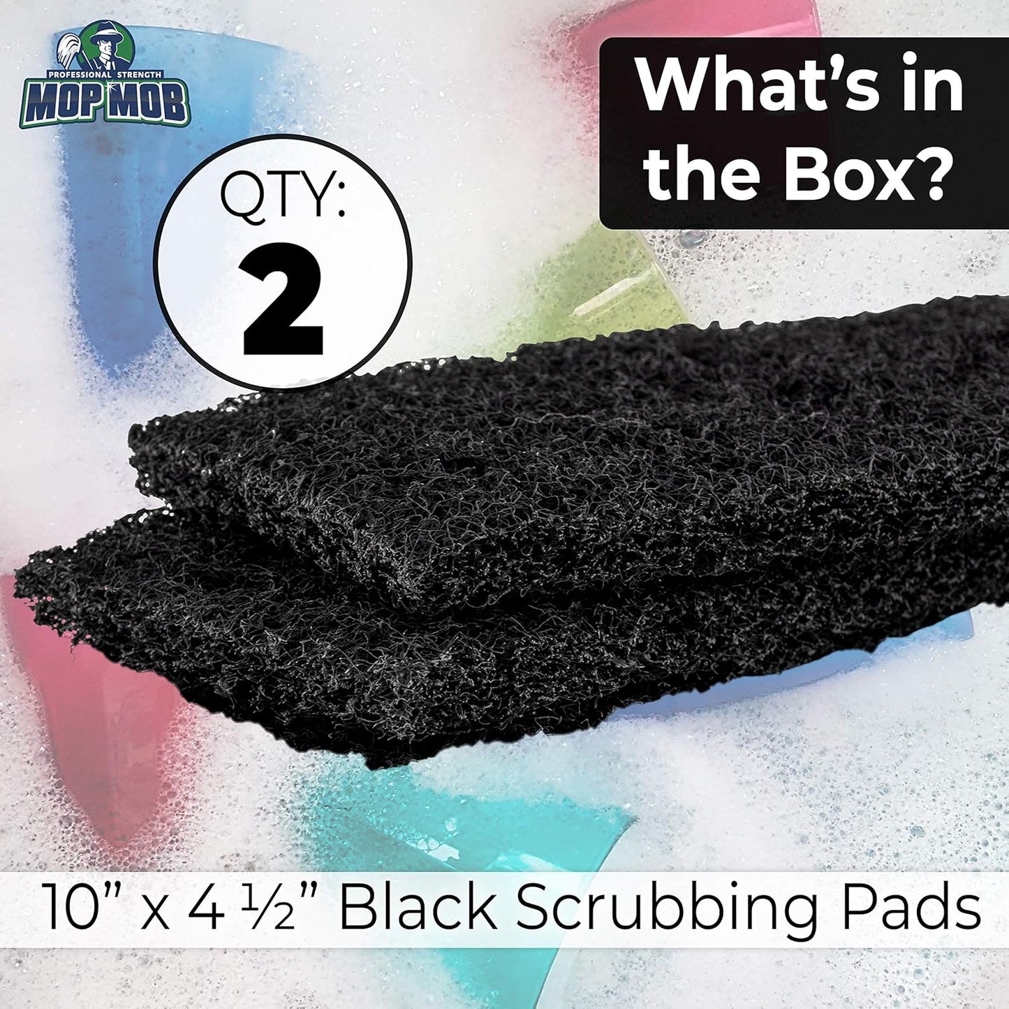 Heavy Duty XL Black Scouring Pad 5 Pack. 10 x 4.5in Large Multipurpose Nylon Scrubbing Sponges. Clean Bathrooms, Kitchens, Counters and Floors to Erase Grime and Make Surfaces Sparkle