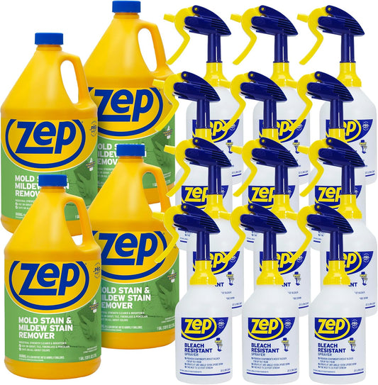 Zep Mold Stain and Mildew Stain Remover 1 Gal (Case of 4) Bleach Resistant Sprayer Bottles (Case of 12) - ZUMILDEW128 - Industrial-Strength Formula Quickly Cleans and Brightens