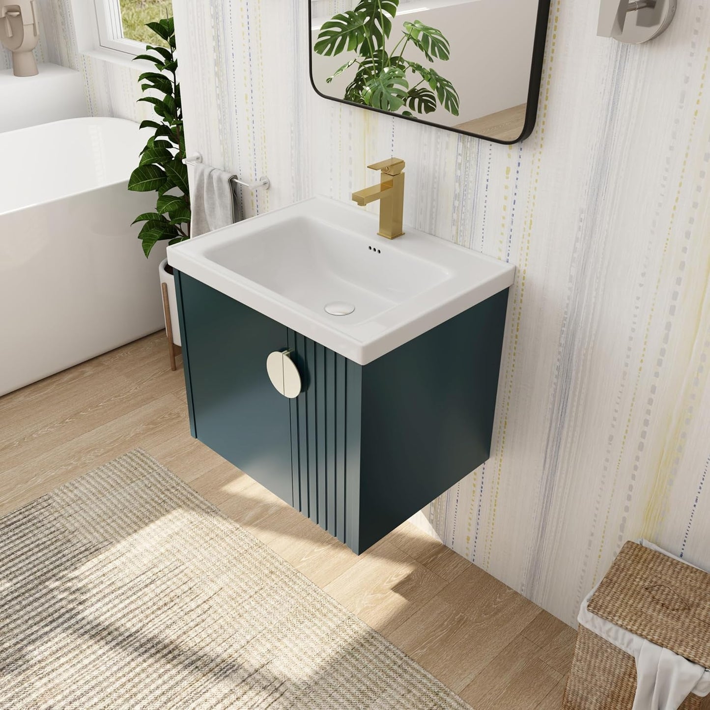 SSLine Modern 24-Inch Bathroom Vanity with Sink Wall Mounted Bathroom Vanity with Top Basin & Storage Cabinet White Wood Floating Vanity w/Ceramic Sink & Gold/Black Handles for Small Space