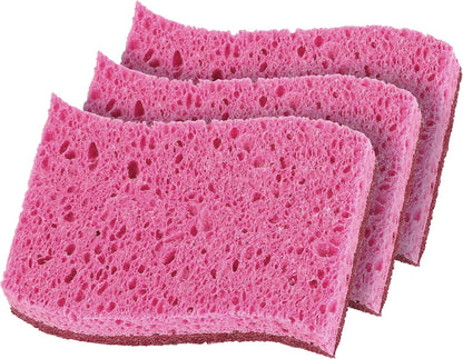 Non-Scratch Cellulose Sponge Kitchen Scrub Sponge with Scouring Pad Set, Good for Non-Stick Cookware Frying Pan, Pot, Counter Top, Sink Scrubbing, Kitchen Scrubbers, Pack of 2, (Red/Pink)