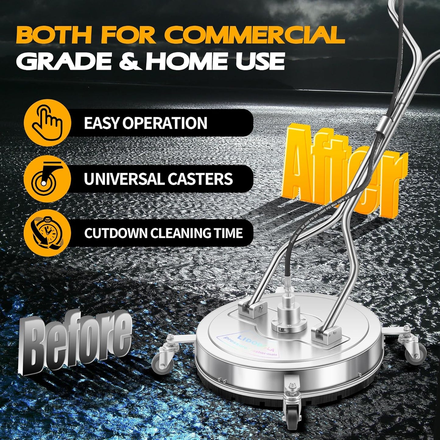 14" Pressure Washer Surface Cleaner with 4 Wheels - Stainless Steel Surface Cleaner for Pressure Washer Attachment for Concrete, Patio, Sidewalk, Deck and Driveways - PWS14