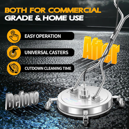 14" Pressure Washer Surface Cleaner with 4 Wheels - Stainless Steel Surface Cleaner for Pressure Washer Attachment for Concrete, Patio, Sidewalk, Deck and Driveways - PWS14