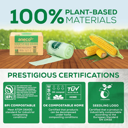 (Include 10 Bonus Bags) ANECO 100% Compostable Waste Bags 2.6 Gallon, Extra Thick Kitchen Small Compost Bags for Countertop Bin, 110 Count (100 + 10 Extra)