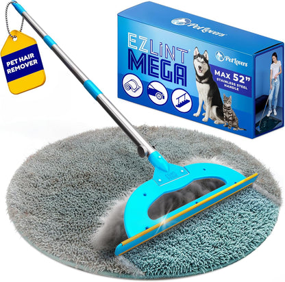 PetLovers EzLint Mega 52" Carpet Rake & Pet Hair Removal Tool – Dog & Cat Hair Remover Broom with Adjustable Handle & Extra Wide Head for Carpets, Rugs & Stairs Ocean Blue
