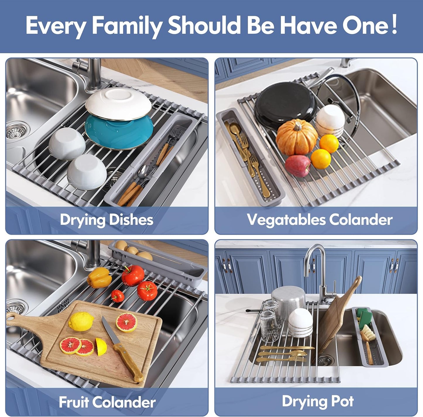 JASIWAY Dish Drying Rack in Sink, Expandable Stainless Steel Dish Drainers for Kitchen Counter, Dish Dryer Rack for Inside Sink, Over The Sink Dish Racks with Utensil Holder, Silver