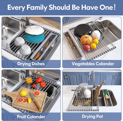 JASIWAY Dish Drying Rack in Sink, Expandable Stainless Steel Dish Drainers for Kitchen Counter, Dish Dryer Rack for Inside Sink, Over The Sink Dish Racks with Utensil Holder, Silver