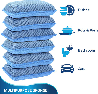Miracle Microfiber Kitchen Sponge by Scrub-It (6 Pack) - Non-Scratch Heavy Duty Dishwashing Cleaning sponges- Machine Washable - (Blue)