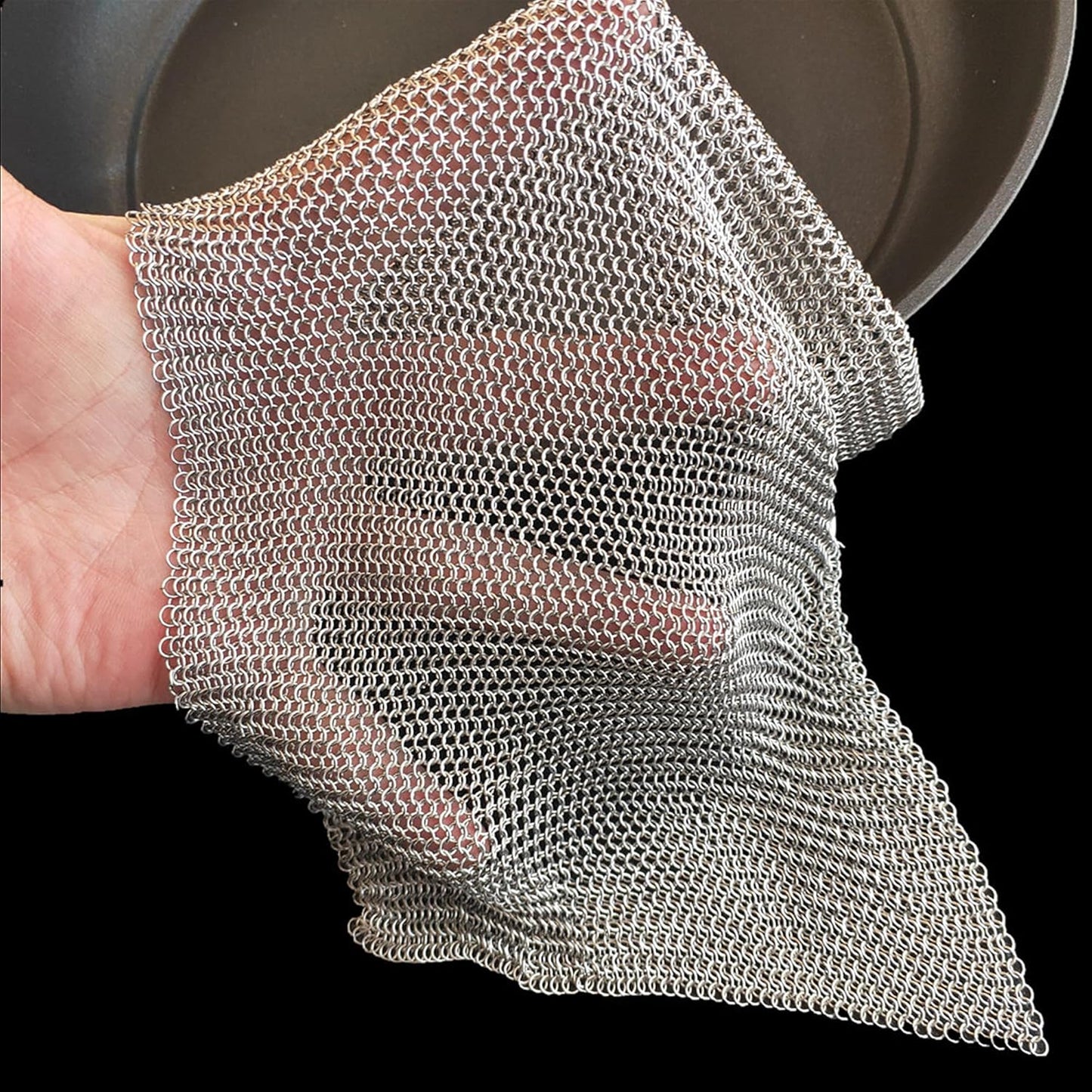 Cast Iron Cleaner and Chainmail Skillet Scrubber - 4''x4'' Upgraded 3.8mm Small Ring, 316L Stainless Steel Fine Rings - Durable Scraper for Skillets, Pans, Griddles & Containers