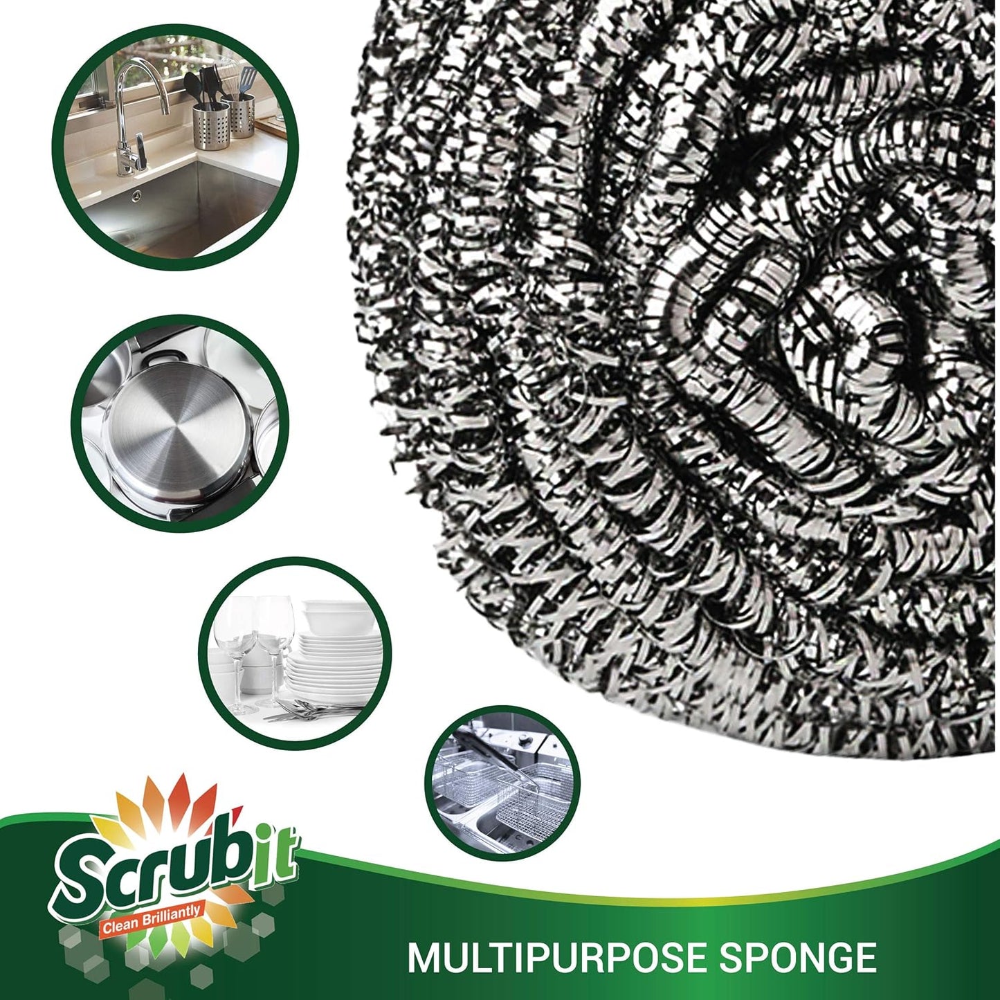 SCRUBIT 6 Pack Stainless Steel Scourers – Steel Wool Scrubber Pad Used for Dishes, Pots, Pans, and Ovens. Easy scouring for Tough Kitchen Cleaning.