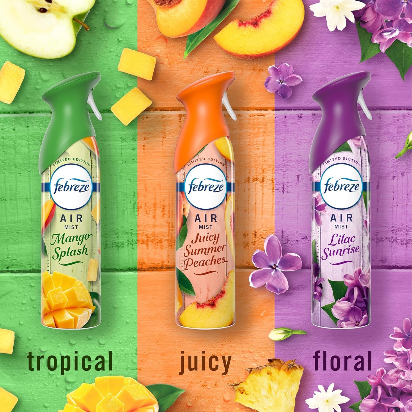 Febreze Air Mist, Air Freshener, Odor Fighting Room Spray, Deodorizer for Home Bathroom Kitchen Office Apartment, Lilac Sunrise, Warm Ocean Breeze, Summer Golden Hour Variety Pack, 8.1oz (Pack of 3)