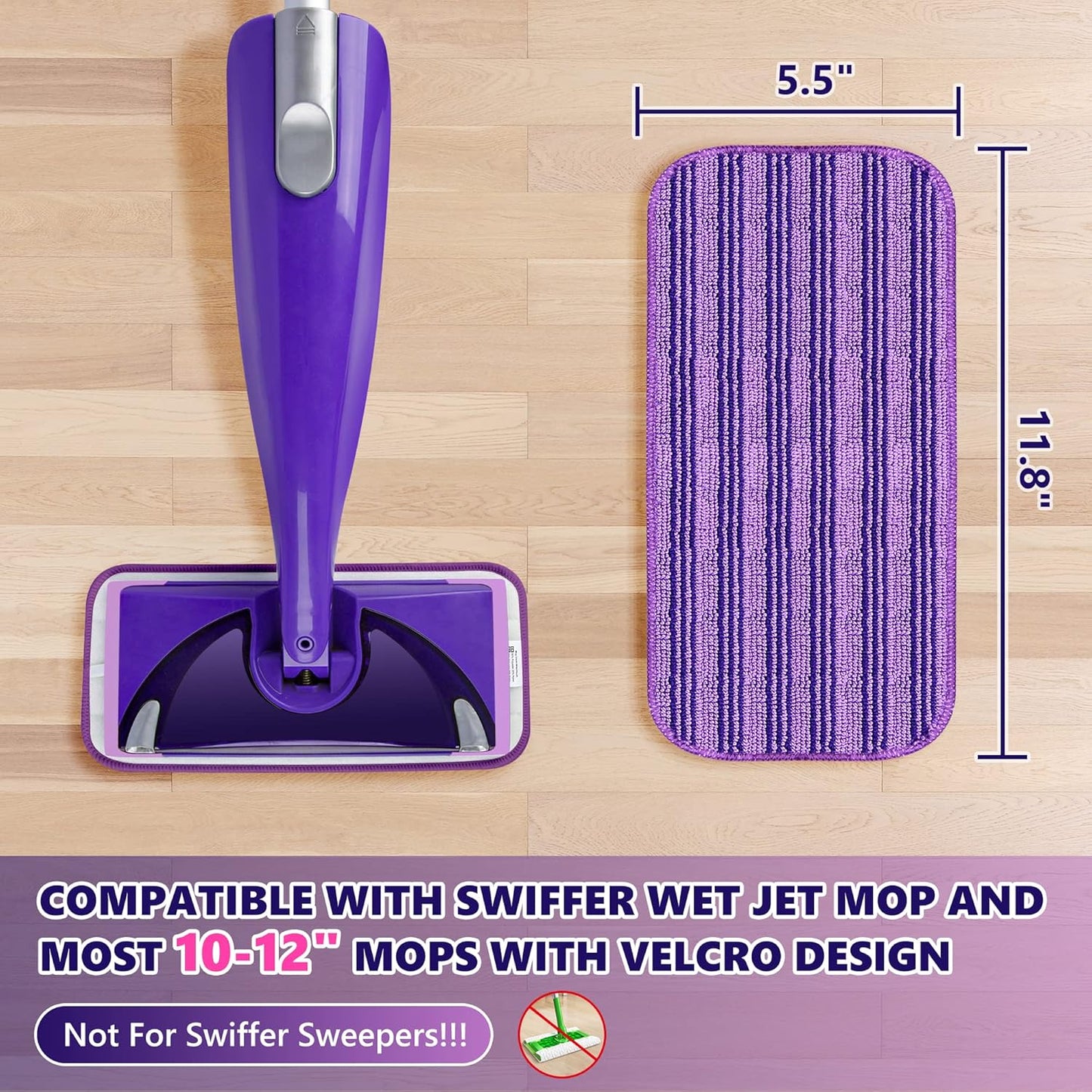 Reusable Mop Pads Compatible with Swiffer Wet Jet, Wet Jet Pads Refills for Swiffer Mop, 4 Pack Microfiber Replacement Pads for Hardwood Floor Cleaning, Dry Wet Mopping Cloths for 12" Wet Jet Refill