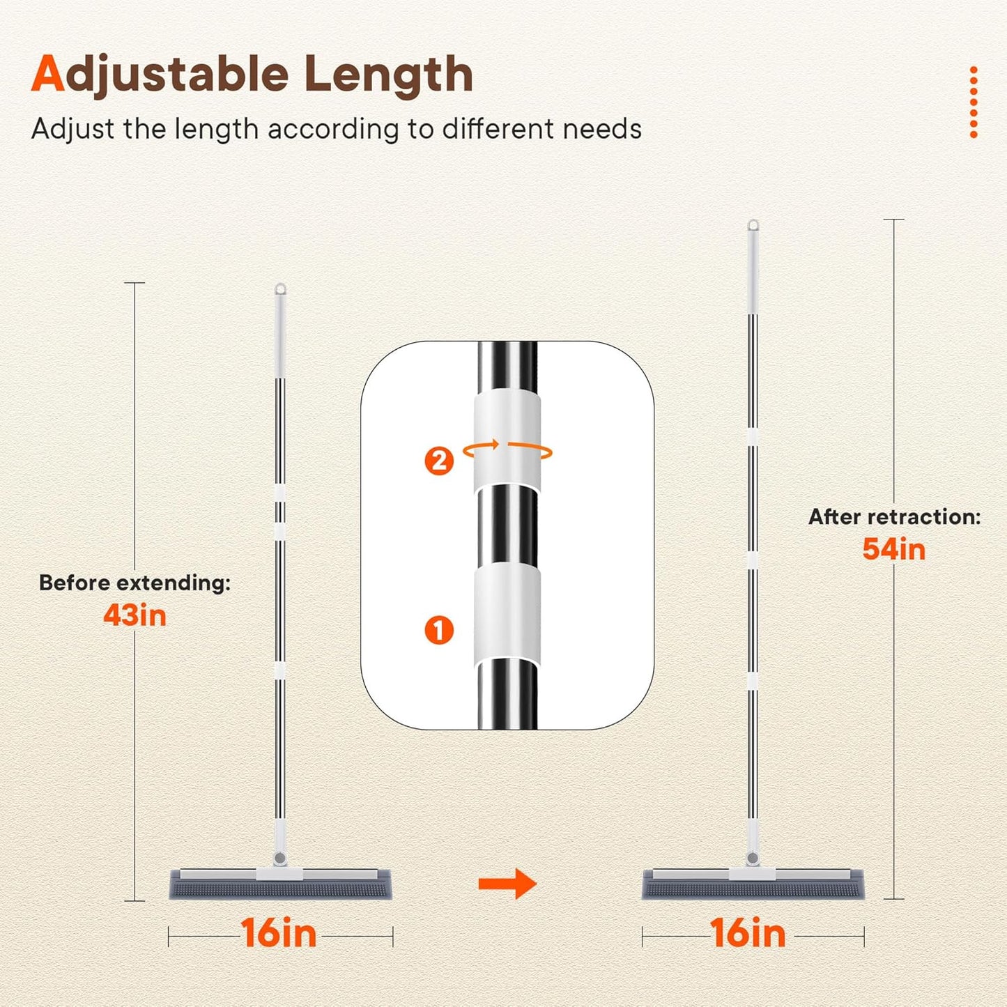 Floor Squeegee with Long Handle, 180° Rotating Silicone Broom for Concrete & Tile Floors, Squeegee for Water Removal on Garage, Bathroom and Deck, Adjustable 35–62 in Handle, 2 Pads