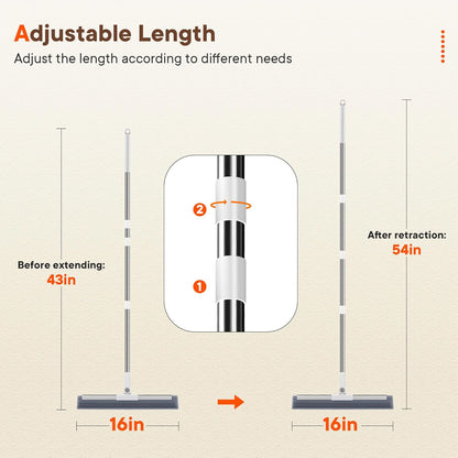 Floor Squeegee with Long Handle, 180° Rotating Silicone Broom for Concrete & Tile Floors, Squeegee for Water Removal on Garage, Bathroom and Deck, Adjustable 35–62 in Handle, 2 Pads