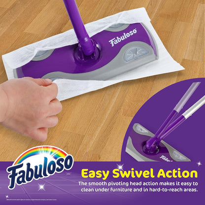 Fabuloso Dry and Wet Sweeper, 2-in-1 Floor Dust Mop for Dry Sweeping and Light Wet Mopping, Lightweight Aluminum Handle, Swivel Low-Profile Head, Bonus 12 Dry Pads Included