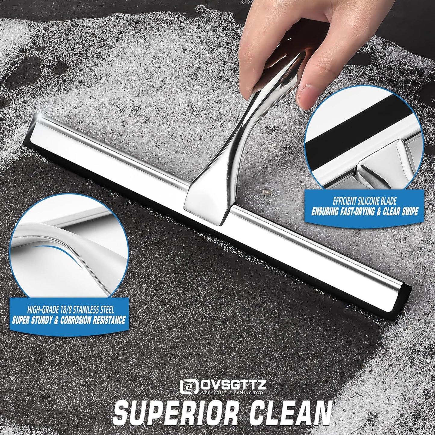 Stainless Steel Shower Squeegee for Glass, Includes 3 Adhesive Hooks, Shower Door Squeegee for Bathroom, Household Window, Car Windshield, Mirrors, Tiles Scrubber Clear, 12 inch Black