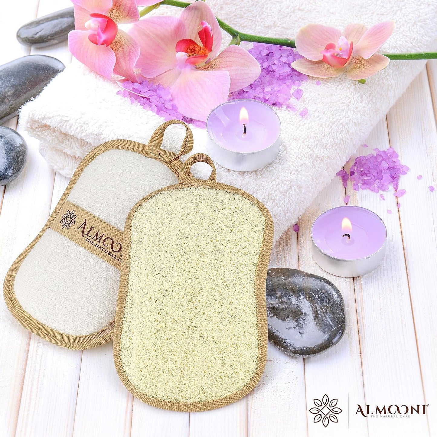 Almooni Natural Loofah Exfoliating Body Scrubber, Made with Natural Egyptian Shower Loofah Sponge, Bath Shower Loofah Sponge for Women and Men, for Face and Body That Gets You Clean - 2 Count (1 Pack)