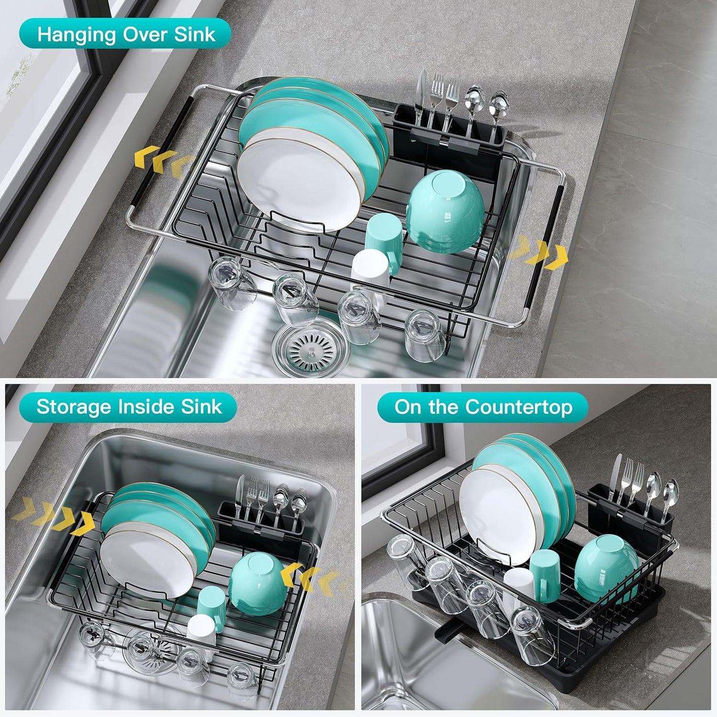 JASIWAY Dish Drying Rack in Sink, Expandable Stainless Steel Dish Drainers for Kitchen Counter, Dish Dryer Rack for Inside Sink, Over The Sink Dish Racks with Utensil Holder, Silver