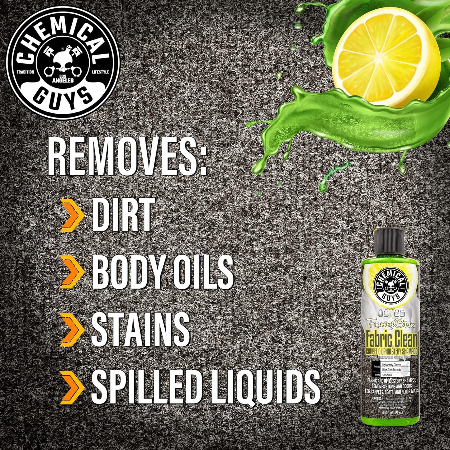Chemical Guys Foaming Citrus Fabric Clean Drill Brush Kit - High Foaming Stain and Odor Remover, Upholstery, Floor Mat & Car Carpet Cleaner, Deep Cleans & Deodorizes, Citrus Scent - 16 fl oz