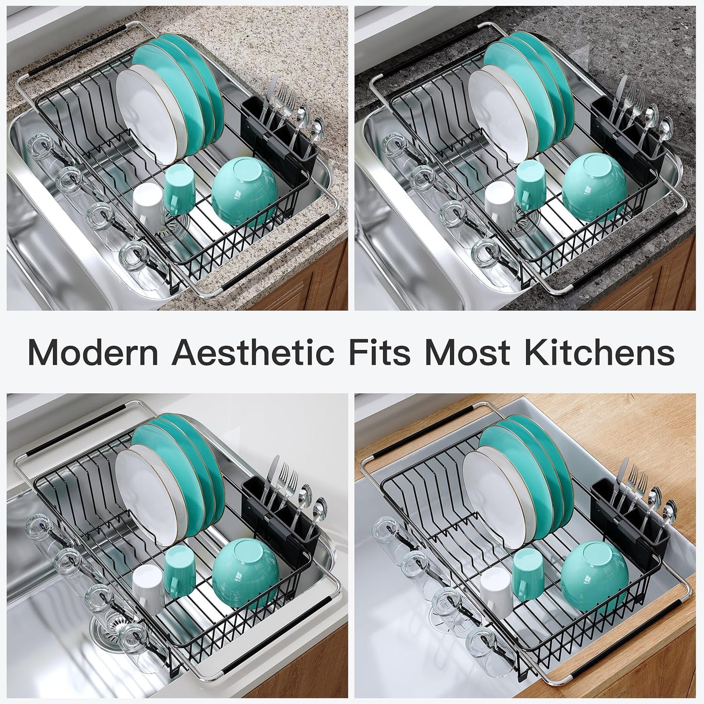 JASIWAY Dish Drying Rack in Sink, Expandable Stainless Steel Dish Drainers for Kitchen Counter, Dish Dryer Rack for Inside Sink, Over The Sink Dish Racks with Utensil Holder, Silver