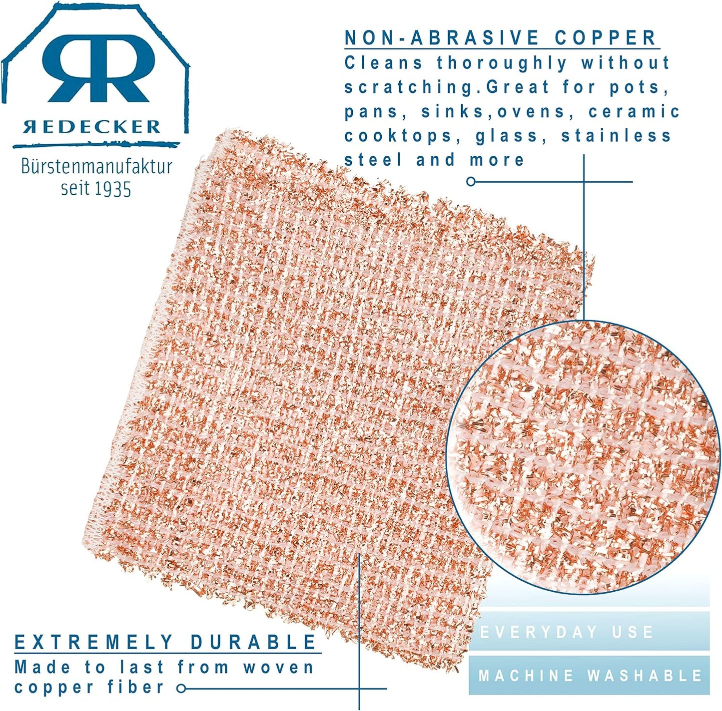 Redecker Copper Thread Pot Scrubber, Woven Copper Scouring Pads, 2 Pack Kitchen Scrubber for Pots Pans Sink Stove Stainless Steel, 3 in Diameter, Made in Netherlands