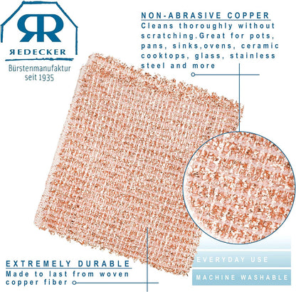 Redecker Copper Thread Pot Scrubber, Woven Copper Scouring Pads, 2 Pack Kitchen Scrubber for Pots Pans Sink Stove Stainless Steel, 3 in Diameter, Made in Netherlands