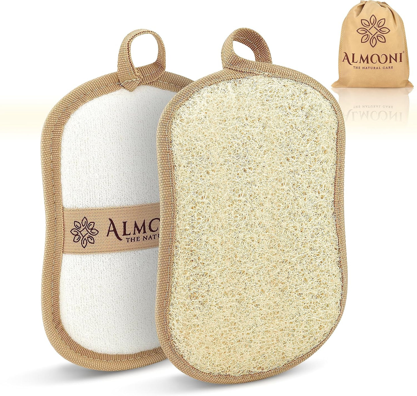 Almooni Natural Loofah Exfoliating Body Scrubber, Made with Natural Egyptian Shower Loofah Sponge, Bath Shower Loofah Sponge for Women and Men, for Face and Body That Gets You Clean - 2 Count (1 Pack)