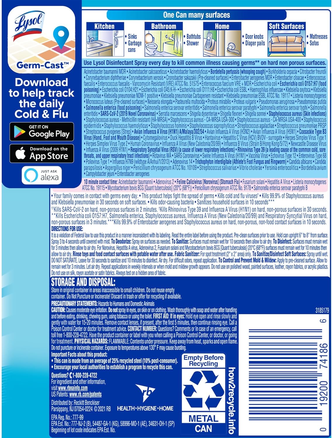Disinfectant Spray, Household Cleaning Supplies, Disinfecting Multi-Purpose Room Spray, Antibacterial Sanitizer, Deodorizer, Kills Hantavirus, Lemon Breeze, 12.5 Fl Oz