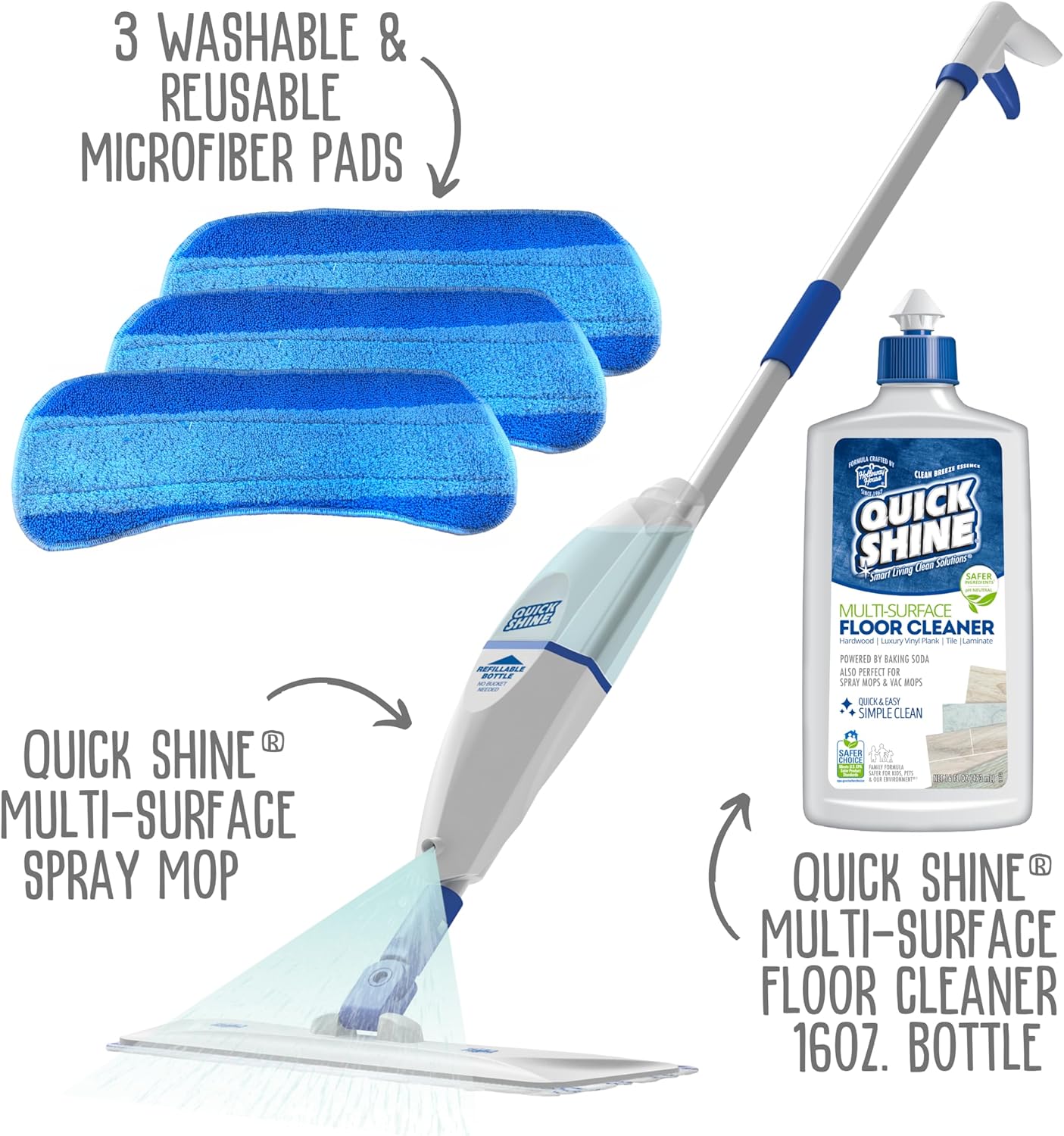 Quick Shine Spray Mop Kit with 1 Microfiber Pad & 1 Multi-Surface Floor Cleaner 16oz | Maneuvers under and around furniture for Easy Cleaning | No Batteries Required | Refillable Cleaning Cartridge