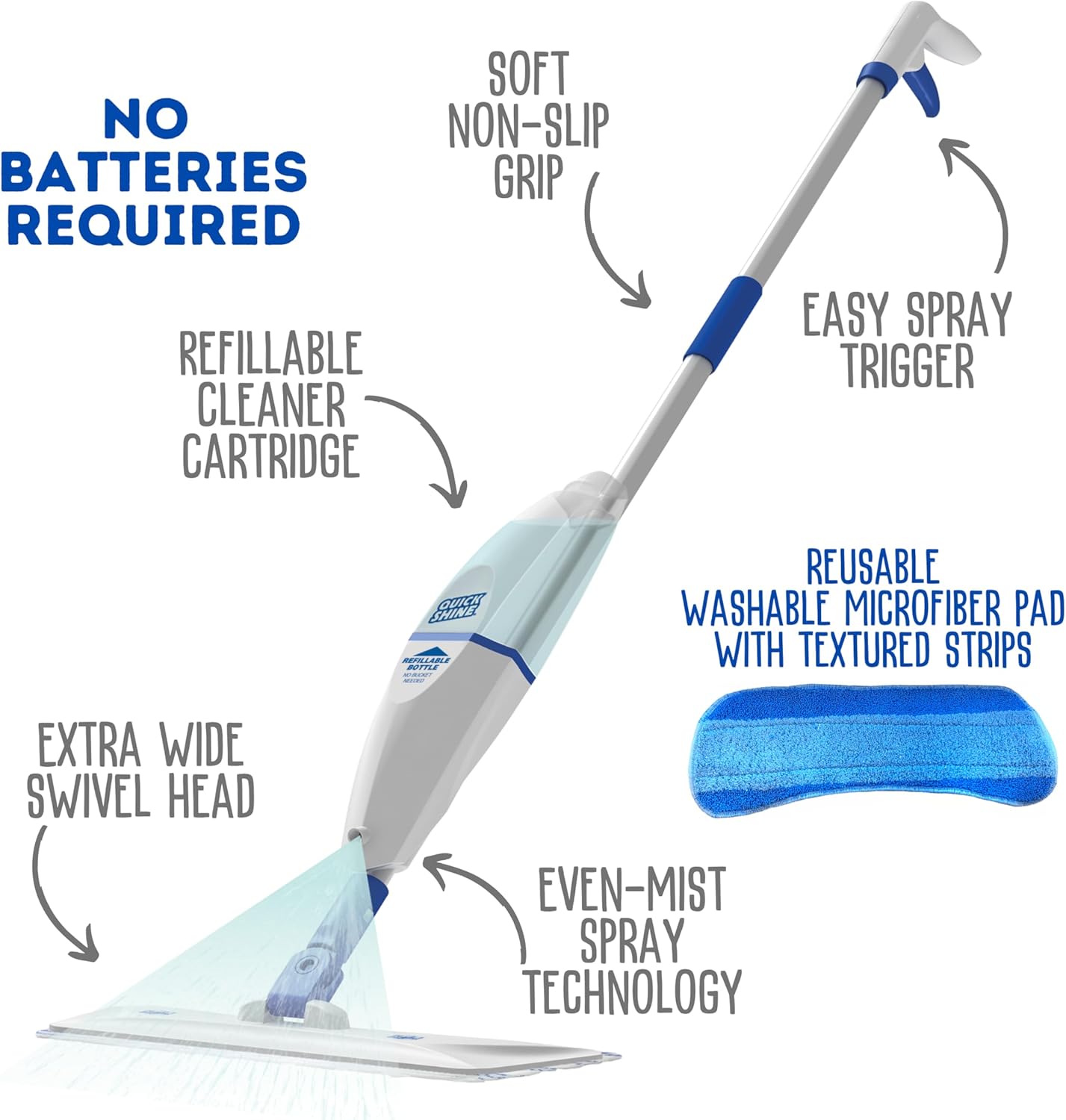 Quick Shine Spray Mop Kit with 1 Microfiber Pad & 1 Multi-Surface Floor Cleaner 16oz | Maneuvers under and around furniture for Easy Cleaning | No Batteries Required | Refillable Cleaning Cartridge