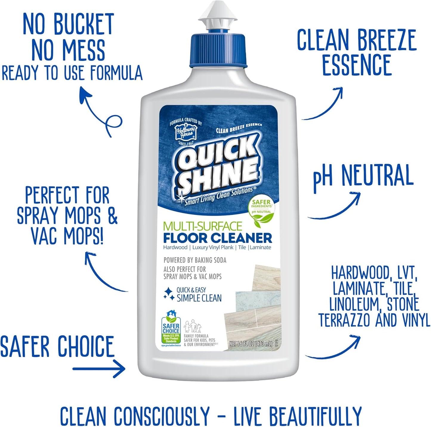 Quick Shine Spray Mop Kit with 1 Microfiber Pad & 1 Multi-Surface Floor Cleaner 16oz | Maneuvers under and around furniture for Easy Cleaning | No Batteries Required | Refillable Cleaning Cartridge