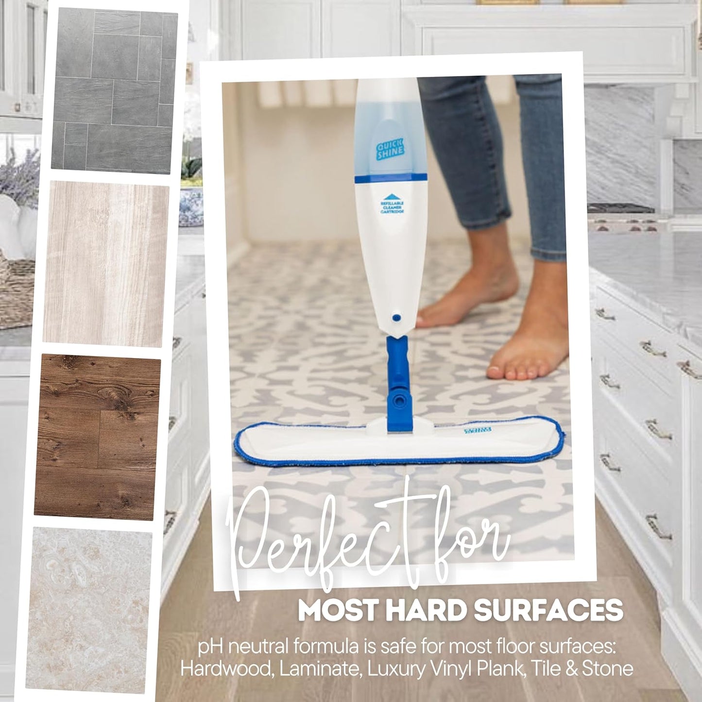 Quick Shine Spray Mop Kit with 1 Microfiber Pad & 1 Multi-Surface Floor Cleaner 16oz | Maneuvers under and around furniture for Easy Cleaning | No Batteries Required | Refillable Cleaning Cartridge