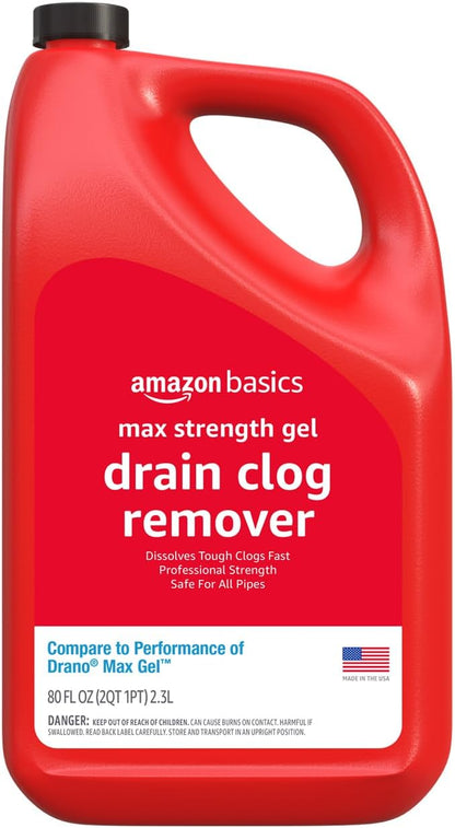 Max Strength Drain Cleaner Gel, Hair Clog Remover, Dissolves Grease, Safe on All Pipes, 80 Fl Oz